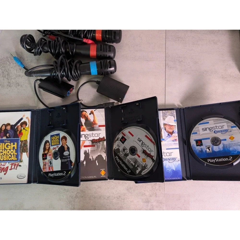 PS2 SingStar Bundle w/ 4Microphones USB Adapter & 3 Games Tested & Working